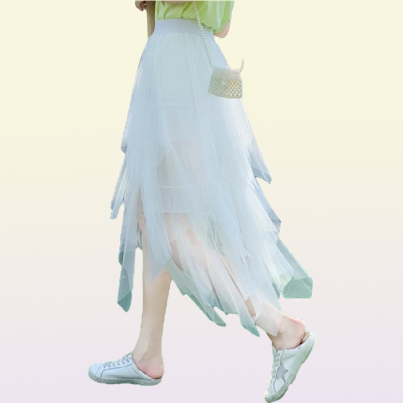 Skirts Women Irregular Mesh Skirt Summer Vintage Elastic Waist Pleated Mid Long Asymmetrical Korean Clothes9772218