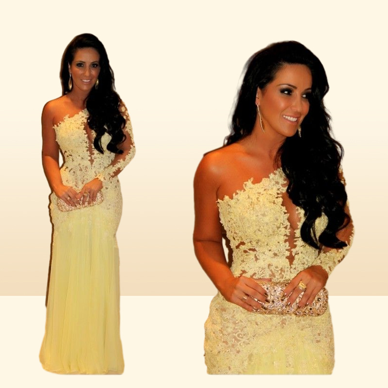 Oscar Yellow Mermaid Lace Long Sleeve Prom Dresses Sheer Chiffon Evening Gowns Long Celebrity Red Carpet Dresses One Shoulder Neck