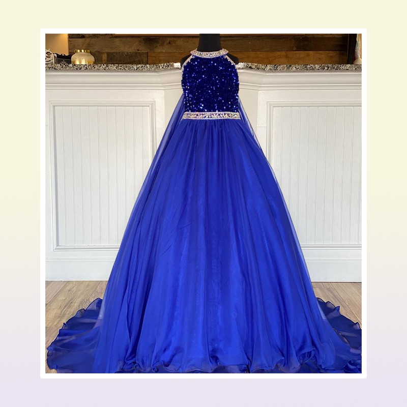 Crystals Girl Pageant Dress with Cape Ballgown AB Stone White Chiffon Little Kid Birthday Formal Party Gown Toddler Teen Pret