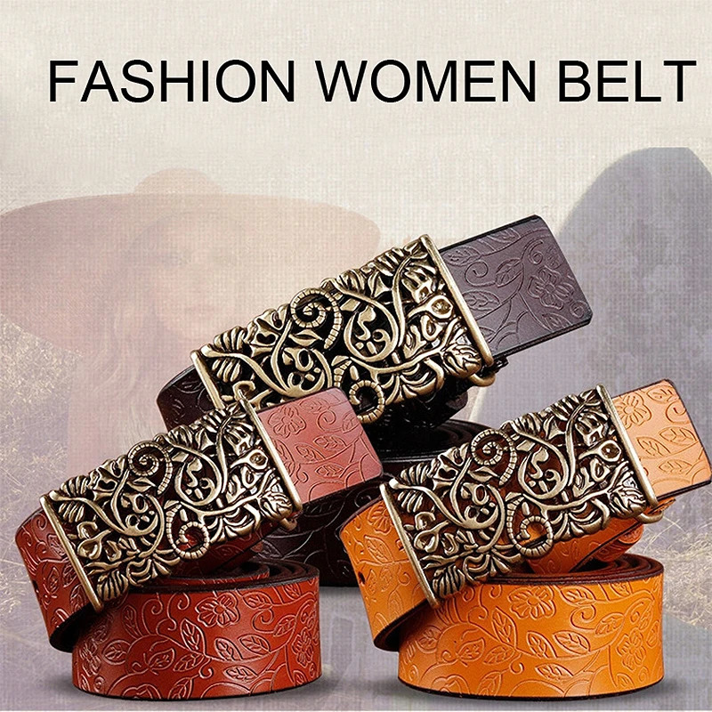 Belts LFMBBelt For Women Waistband Cowskin Leather Lady Belt Vintage Pin Buckle Hollow Flower Fashion Woman Jeans Girdle Female 231101