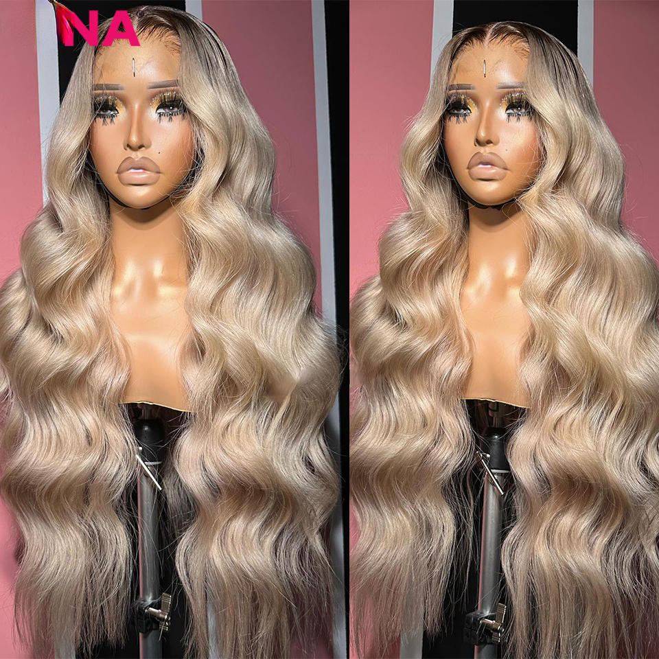 Ombre Blonde 13X4 Transparent Lace Front Human Hair Wig Brown Root Glueless Body Wave Ash Blonde Synthetic Closure Wig Pre Plucked