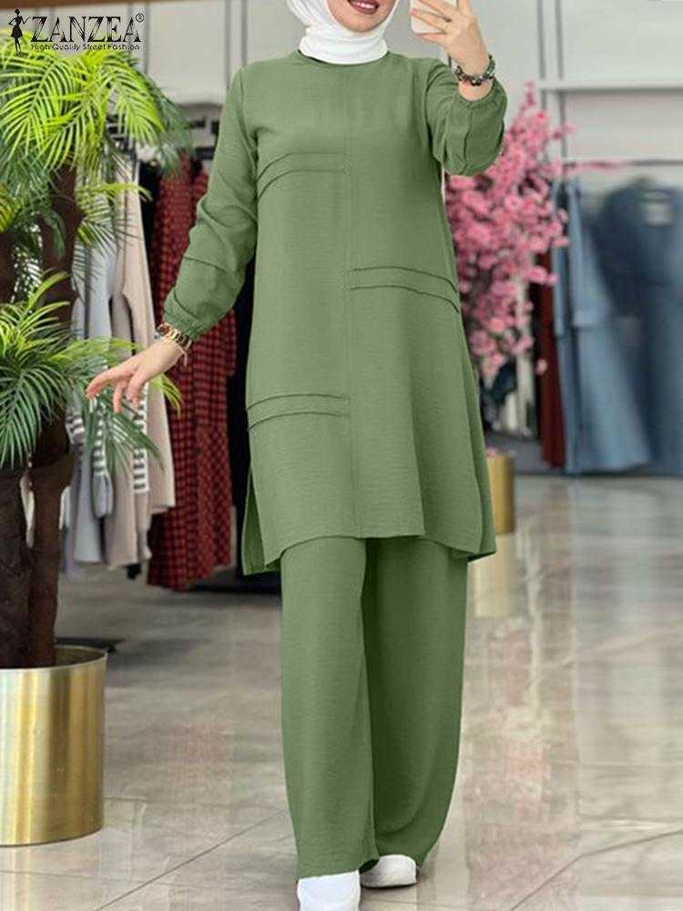 RUKAS Muslim Two Piece Sets Women Outifits Tracksuit Elegant Long Sleeve Blouse Wide Leg Pants Sets Solid Islamic Clothing 2023
