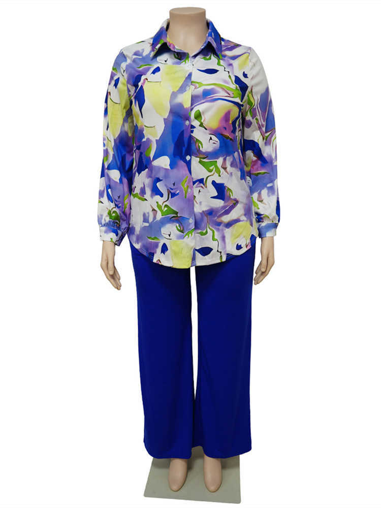 RUKAS Plus Size Two Piece Set Women 2023 Print Shirts Tops and Pants Pockets Wide Leg Fall Fashion Matching Suit Dropshipping