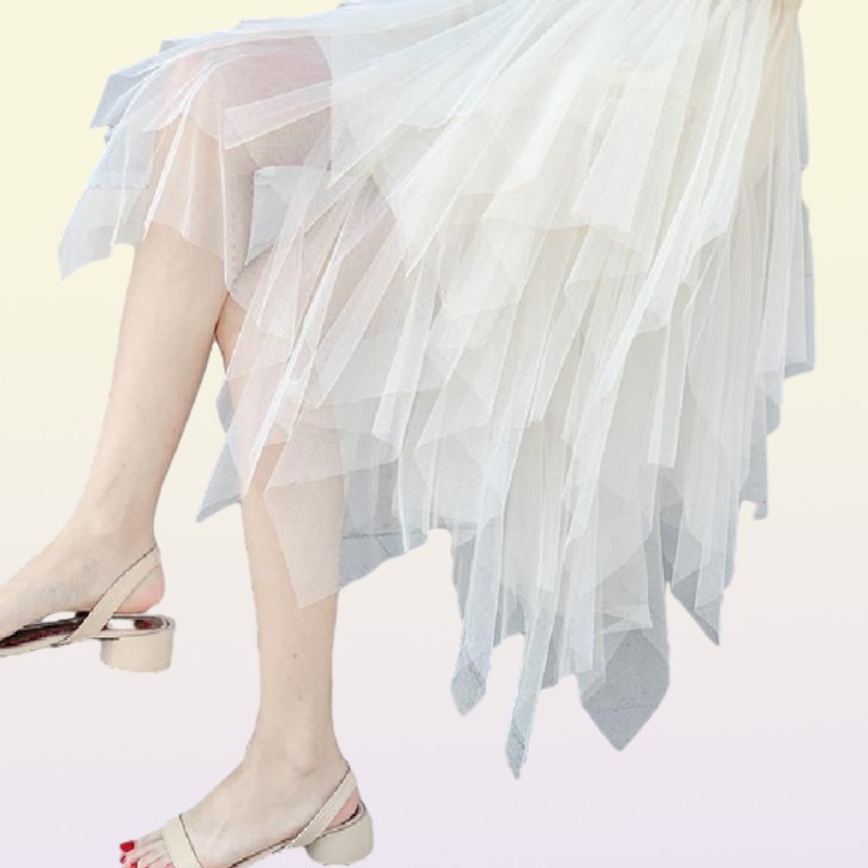 Skirts Women Irregular Mesh Skirt Summer Vintage Elastic Waist Pleated Mid Long Asymmetrical Korean Clothes9772218