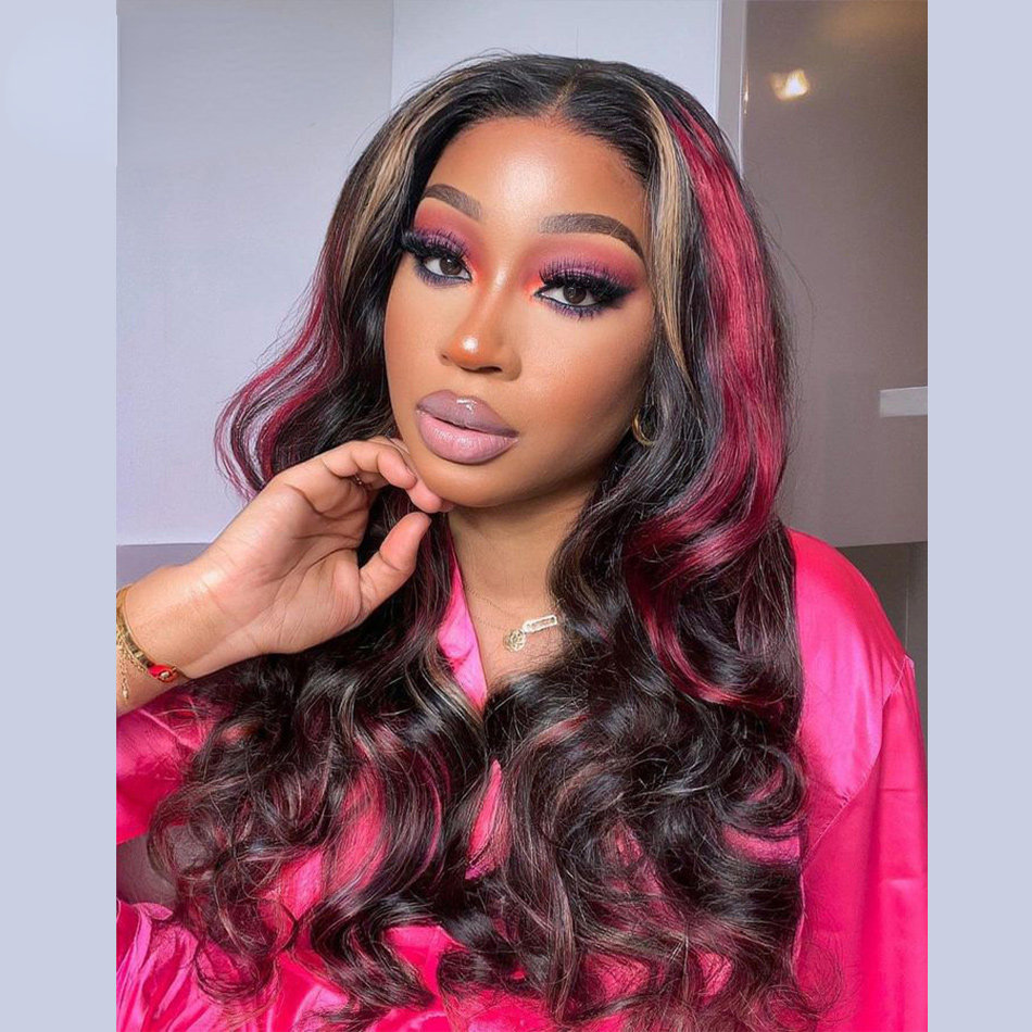 Free shipping Brazilian Highlight Red Blonde Colored Straight Body Wave Ready To Wear Glueless Pre-Plucked 13x4 Lace Frontal Silation Human Wig Easter
