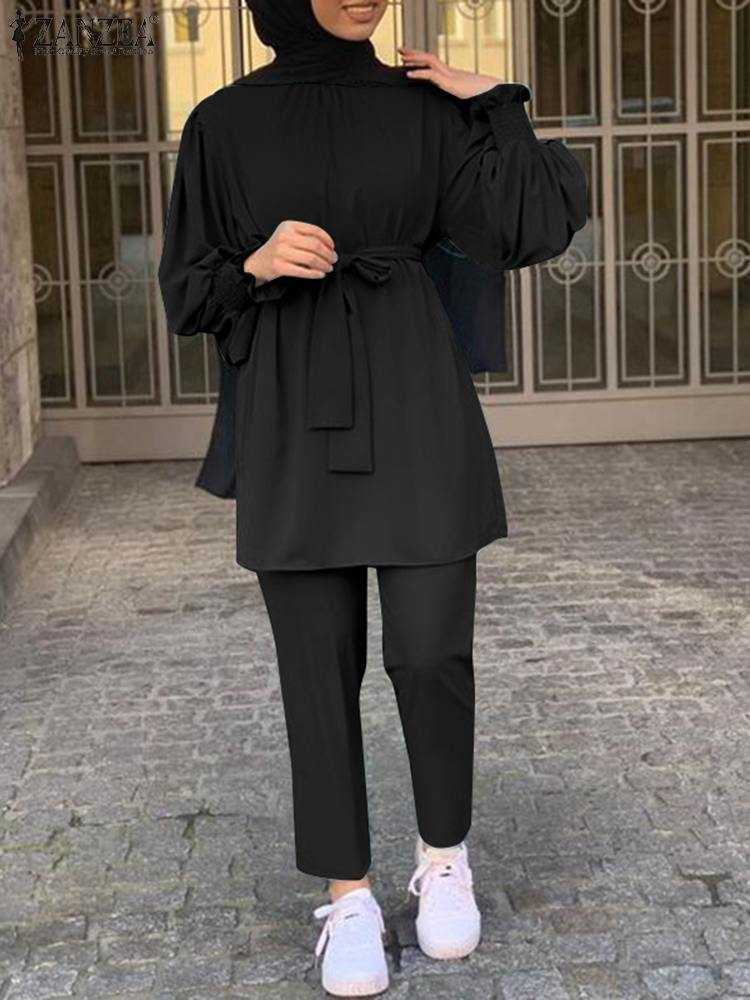 RUKAS 2PCS Women Long Sleeve Blouse Pants Sets Elegant Casual Dubai Outfits Islamic Clothes Solid Urban Tracksuit Muslim Sets