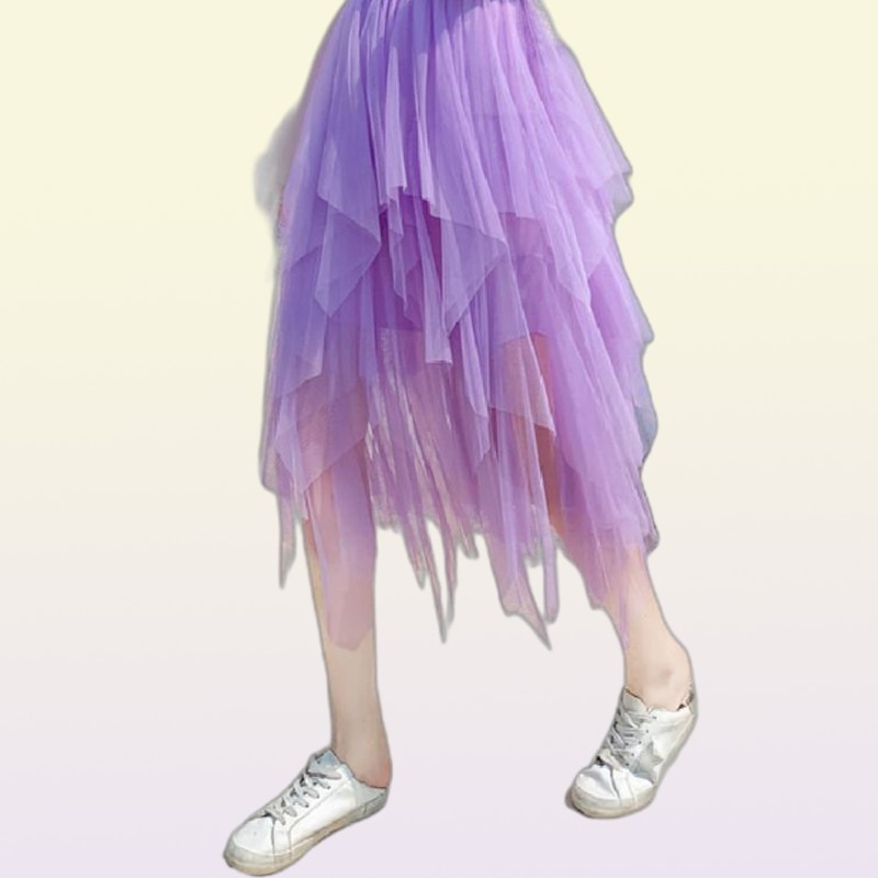 Skirts Women Irregular Mesh Skirt Summer Vintage Elastic Waist Pleated Mid Long Asymmetrical Korean Clothes9772218