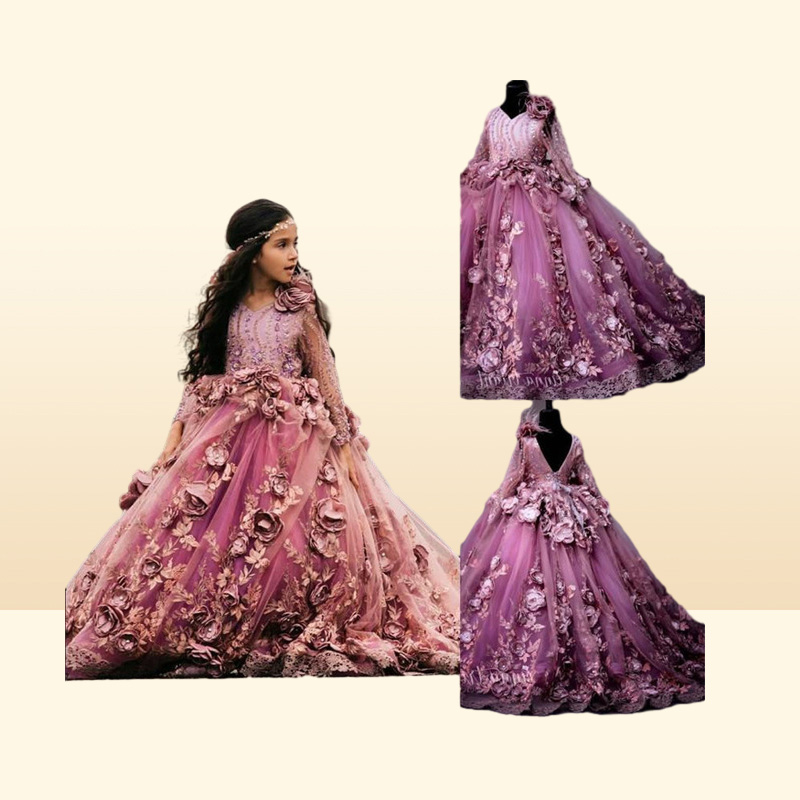 Plum 3D Floral Applique Ball Gown Girl Pageant Dresses Sheer Long Sleeve Appliques Floor Length Kids Toddler Pageant Gowns BC