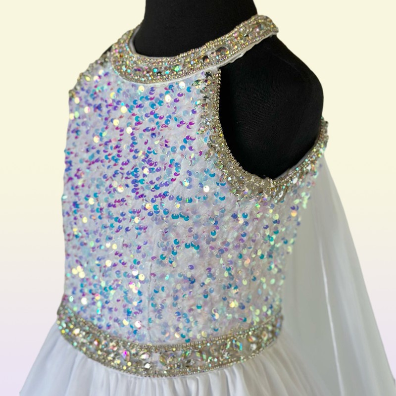Crystals Girl Pageant Dress with Cape Ballgown AB Stone White Chiffon Little Kid Birthday Formal Party Gown Toddler Teen Pret