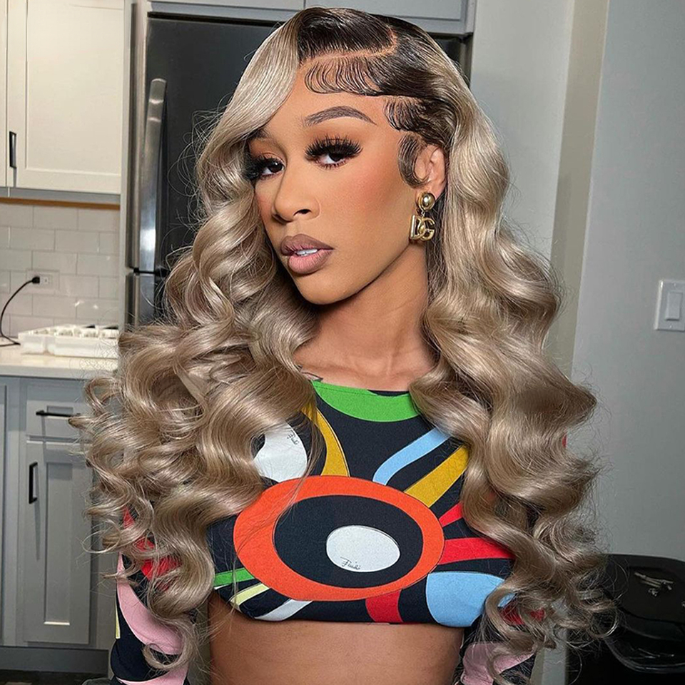 Ombre Blonde 13X4 Transparent Lace Front Human Hair Wig Brown Root Glueless Body Wave Ash Blonde Synthetic Closure Wig Pre Plucked