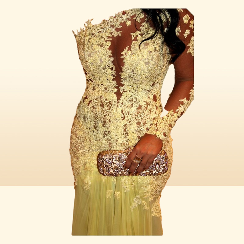 Oscar Yellow Mermaid Lace Long Sleeve Prom Dresses Sheer Chiffon Evening Gowns Long Celebrity Red Carpet Dresses One Shoulder Neck