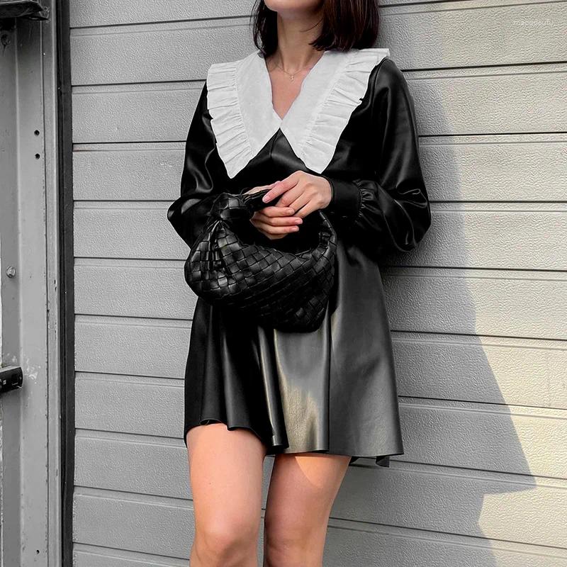 Casual Dresses WAutumn And Winter Korean Pu Leather Skirt Dress Sweet Doll Collar Waist High Long Sleeve Black Punk Street Girl