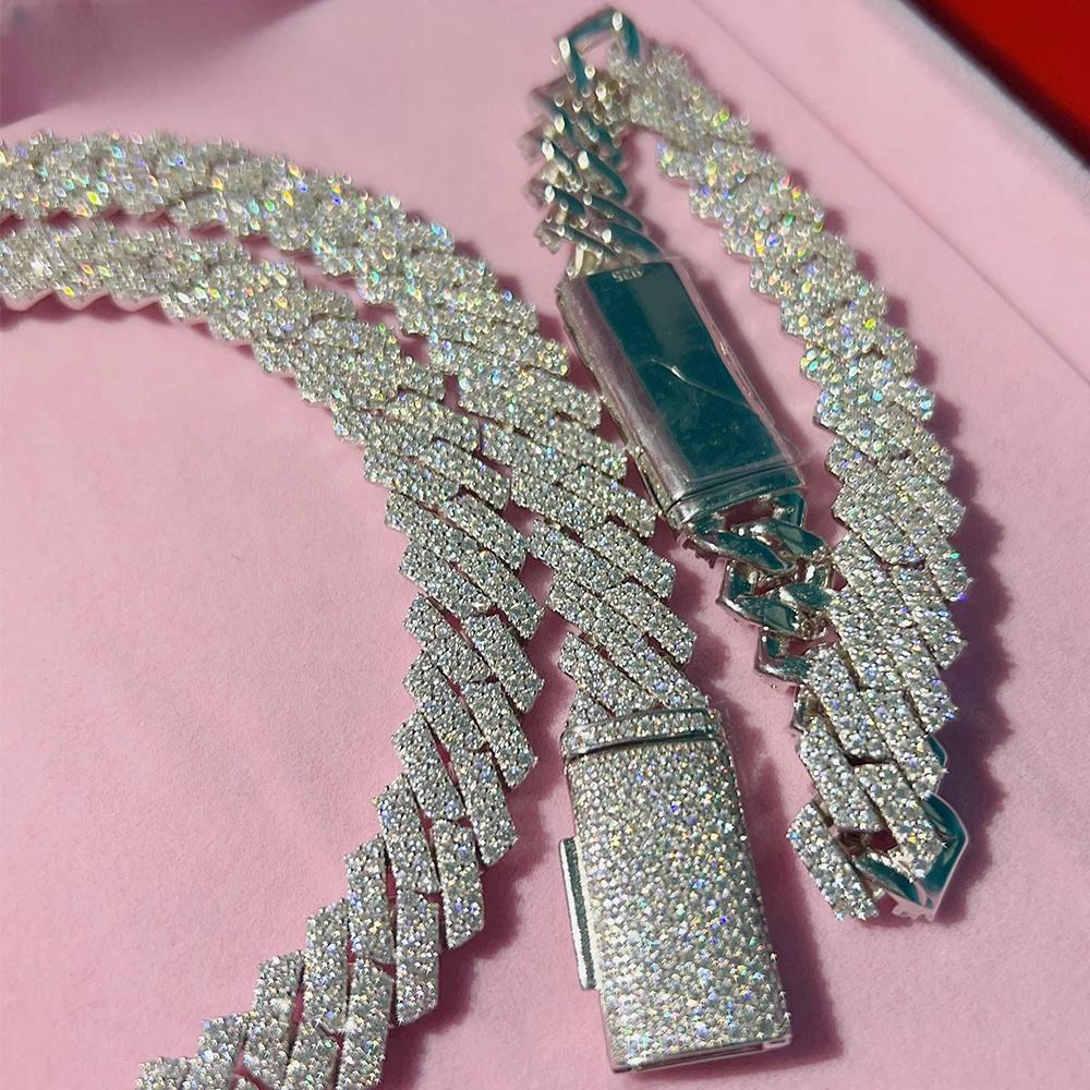 fashion bracelet pass dia hip hop jewelry vvs stone Shiny 2row womens 14mm sterling sier necklace moissanite cuban chain link