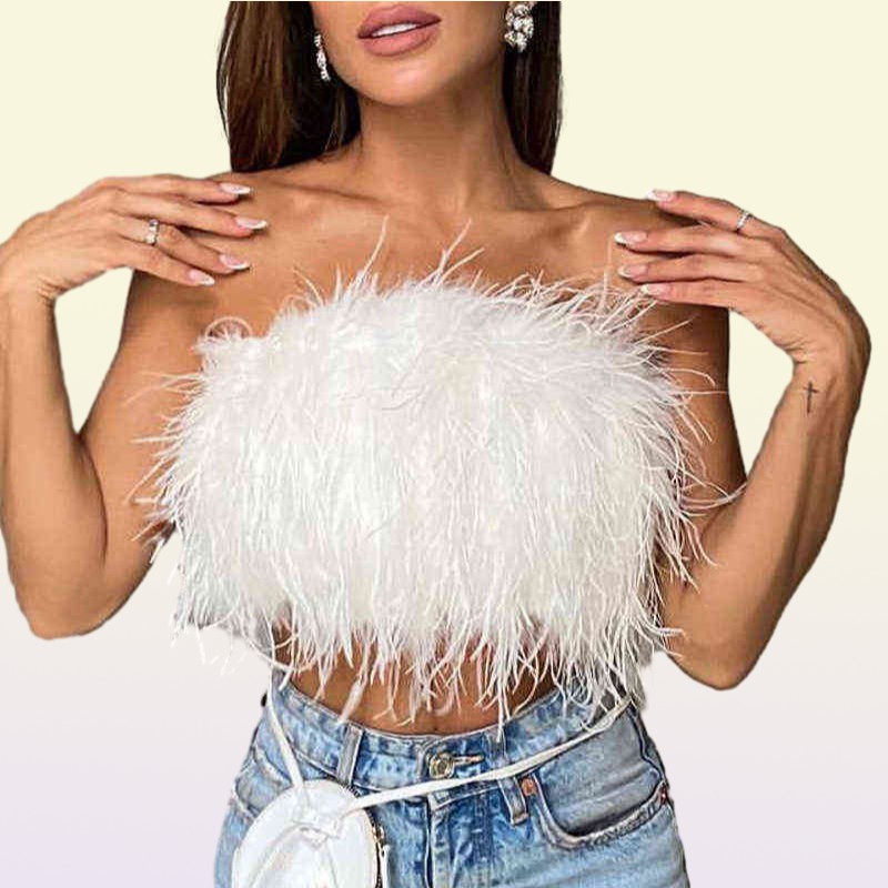 Women Tube Tops Sexy Shoulder y Feather Tank Top Female Summer Green Cropped Tops Lady New Party Club Vest Y2203046662182