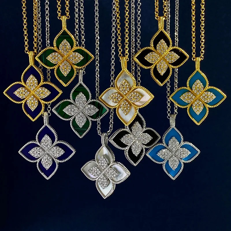 Chokers Fashion Short Choke Necklace 18K Gold Silver Color Lucky Clover Shell Cubic Zirconia Retro Flower Pendant Chain Women Jewelry 231101