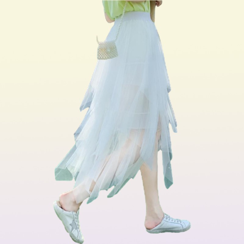Skirts Women Irregular Mesh Skirt Summer Vintage Elastic Waist Pleated Mid Long Asymmetrical Korean Clothes9772218