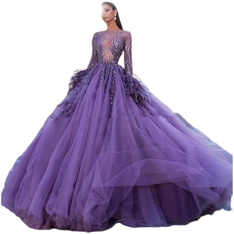 Purple Beaded Tulle Prom Dresses Feathers Long Sleeves Or Length Puffy Special Ocn Gowns Women Gorgeous Formal Evening Dress