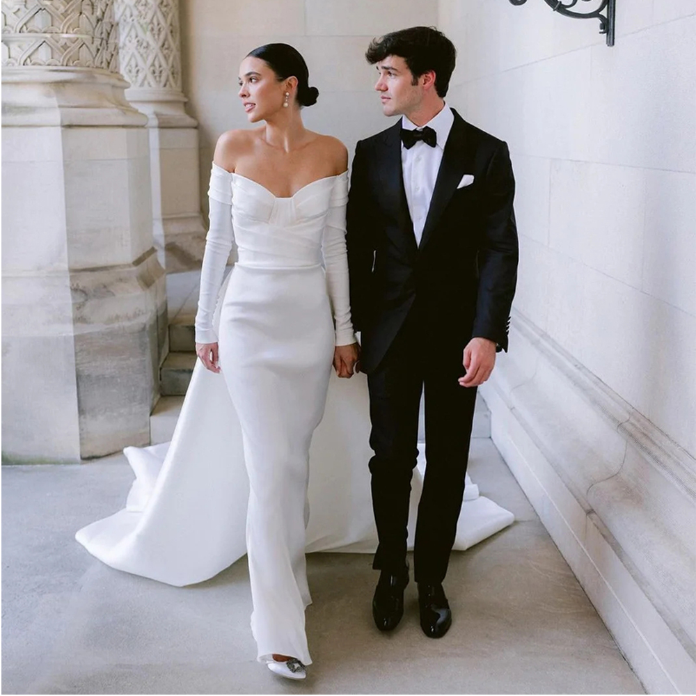 Vintage Mermaid Castle Wedding Gowns Long Train Pleat Full Sleeves Formal Bride Dresses Princess Women Party Bridal Gowns