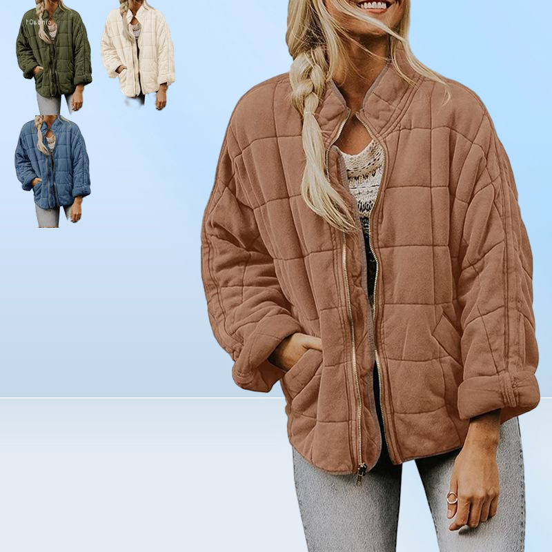 Gauges Women's Jackets Solid Green Plaid Patchwork Long Sleeve Women Dolman Jacket Zipper Loose Gray Streetwear Female Cardigan Wint