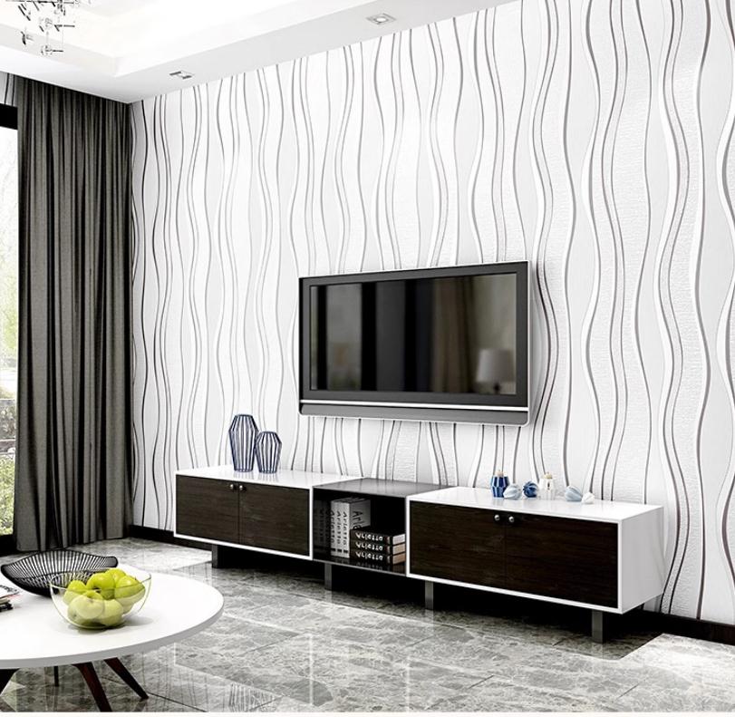 Light grey 3D curved striped wallpaper living room sofa TV background wavy wallpaper simple and modern roll wallpapers