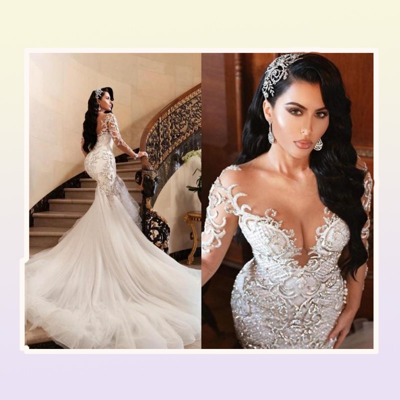 Luxurious Arabic Mermaid Wedding Dresses Dubai Sparkly Crystals Long Sleeves Bridal Gowns Court Train Tulle Skirt robes de ma