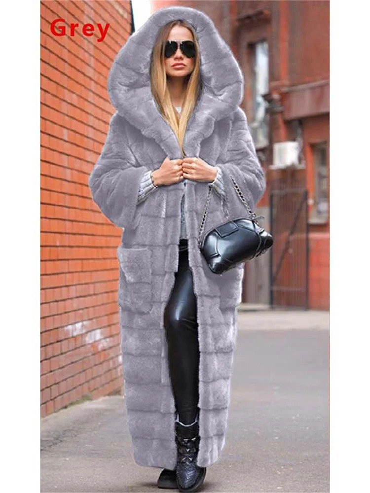 Women's Fur Faux Fur Coat Women Black S-5XL Long Thick Warmth Hooded Mink Fur Jacket Autumn Winter Fashion Pink Streetwear Overcoat Clothing 2311