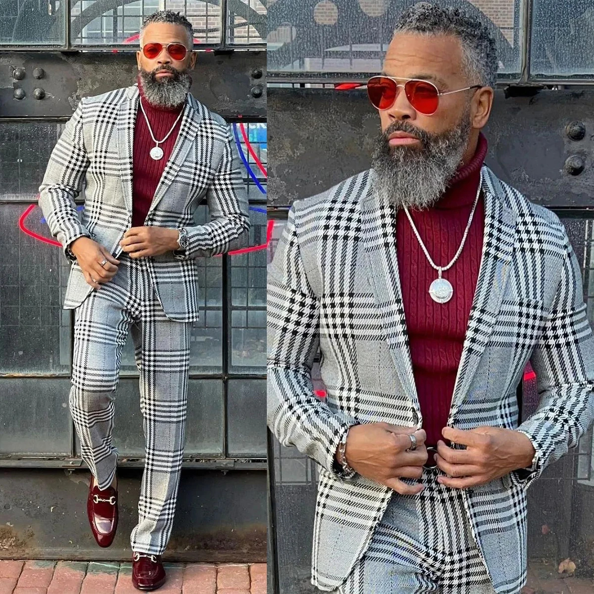 Classic Mens Suits Checkered Groom Wedding Tuxedos Slim Fit Formal Business 2 Pieces Male Prom Blazer