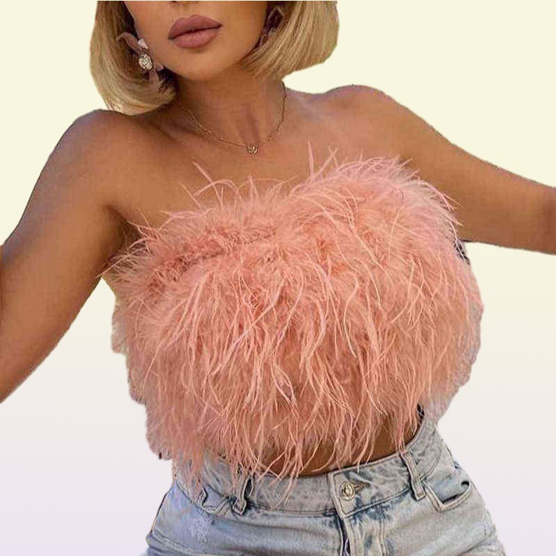 Women Tube Tops Sexy Shoulder y Feather Tank Top Female Summer Green Cropped Tops Lady New Party Club Vest Y2203046662182