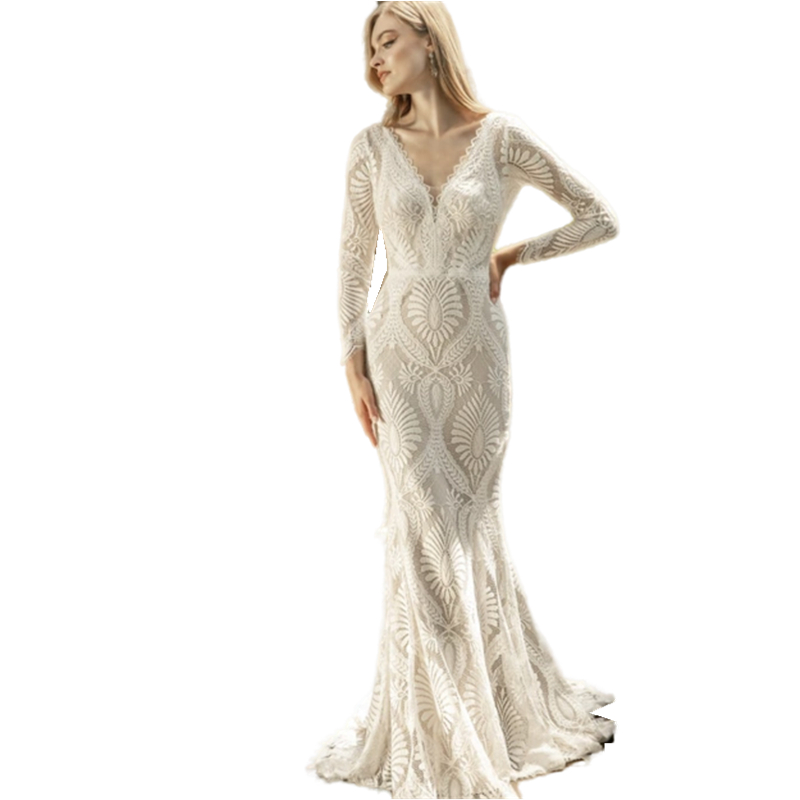 2023 Bohemian Lace Mermaid Wedding Dresses Long Sleeves Beach Bridal Gowns V-Neck Open Back Summer Bride Wear Custom Made