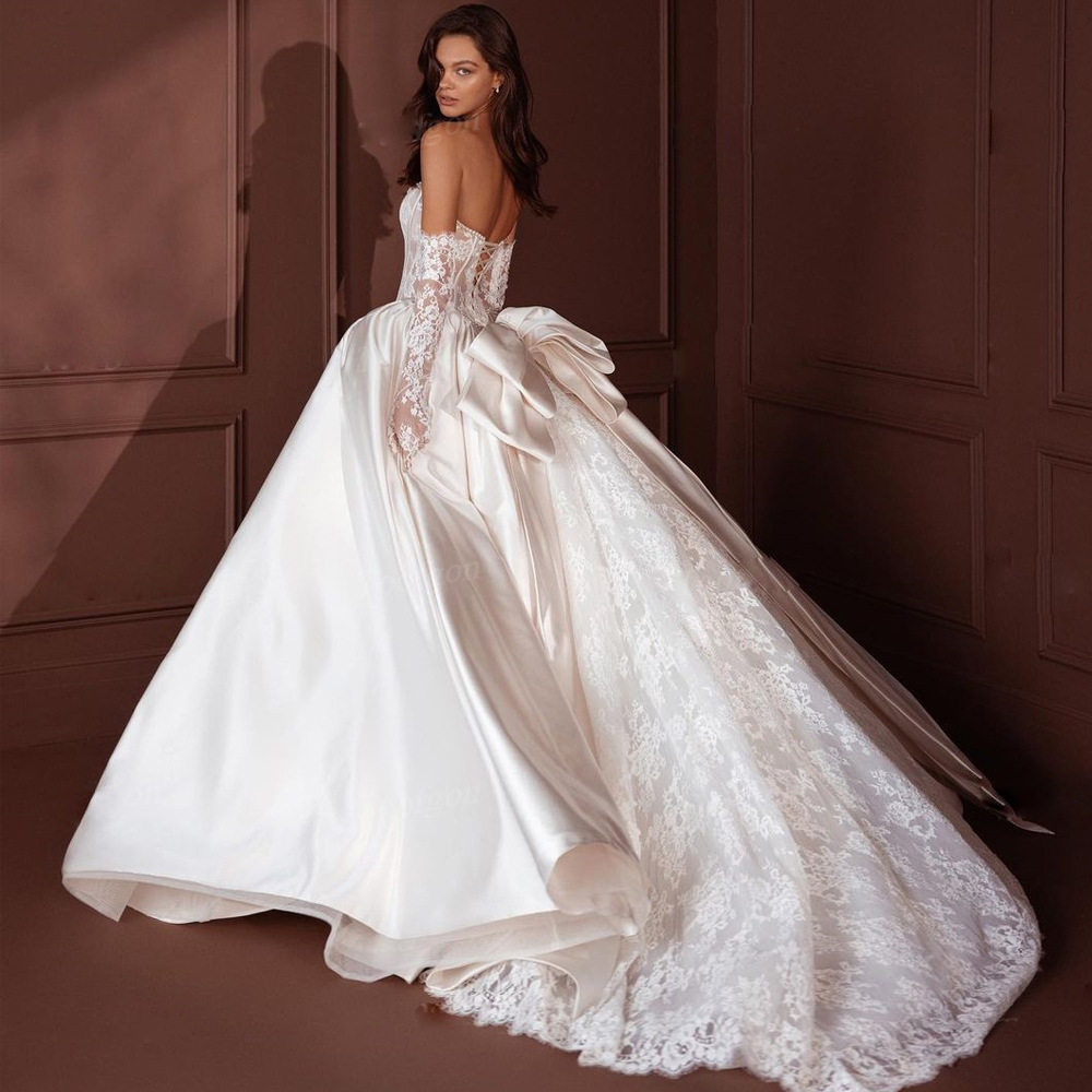 A Line Satin Bride Dresses For Wedding Lace Detachable Long Sleeves Pearls Bow Back Formal Party Dress Bridal Gowns