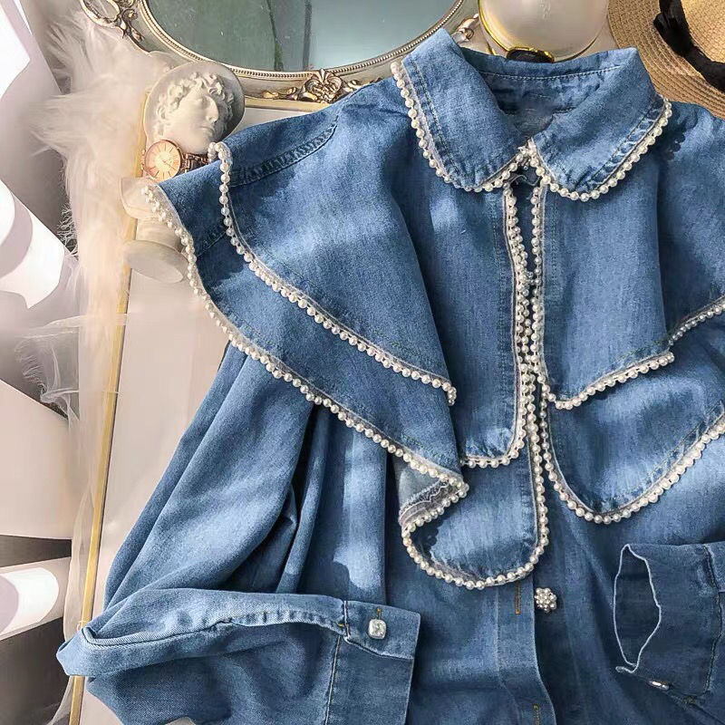 Ladies Tops Women's Clothing Vintage Beading Blouses Vintage Jean Blusas Mujer De Moda 2023 Fashion Denim Shirt Loose Blouse