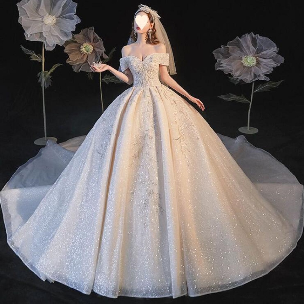 4026 Shiny Off Shoulder Wedding Dresses For Women 2023 Chic Court Train Bridal Gown Princess 2024