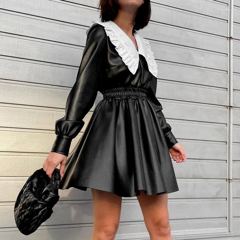 Casual Dresses WAutumn And Winter Korean Pu Leather Skirt Dress Sweet Doll Collar Waist High Long Sleeve Black Punk Street Girl