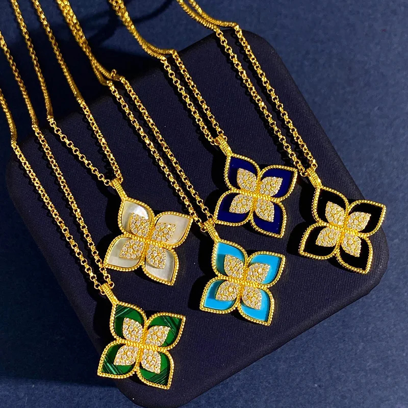 Chokers Fashion Short Choke Necklace 18K Gold Silver Color Lucky Clover Shell Cubic Zirconia Retro Flower Pendant Chain Women Jewelry 231101