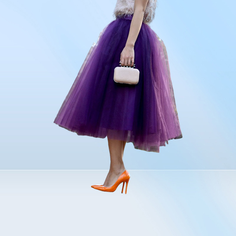 Fashion Regency Purple Tulle Skirts For Women Midi Length High Waist Puffy Formal Party Skirts Tutu Adult Skirts