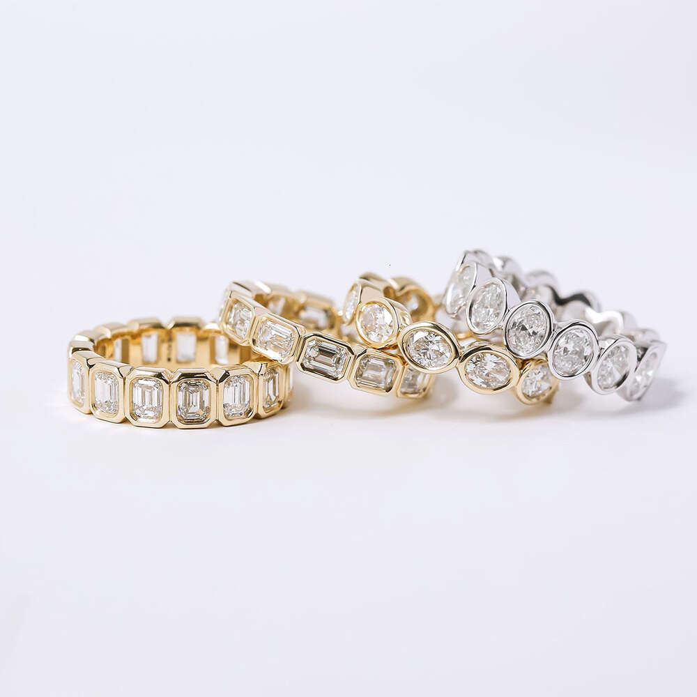 Luster Unique Wedding Eternity Band Sier 14k Gold Bezel Set 3x5mm Emerald Cut Moissanite Oval Ring for Women