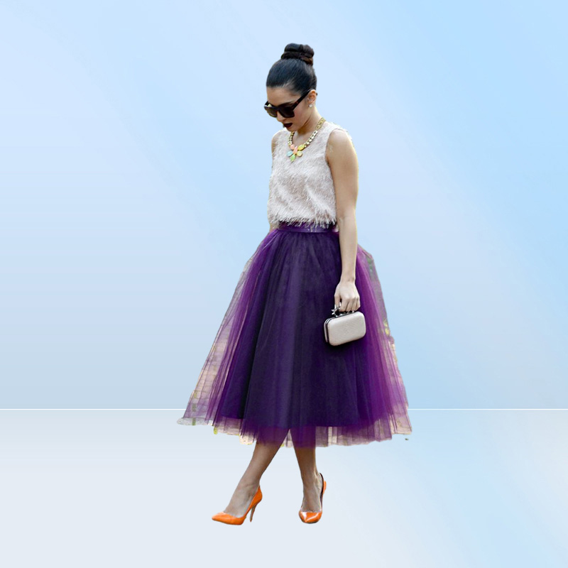 Fashion Regency Purple Tulle Skirts For Women Midi Length High Waist Puffy Formal Party Skirts Tutu Adult Skirts
