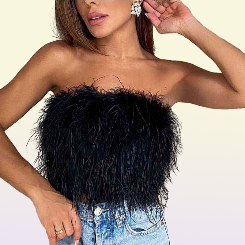 Women Tube Tops Sexy Shoulder y Feather Tank Top Female Summer Green Cropped Tops Lady New Party Club Vest Y2203046662182