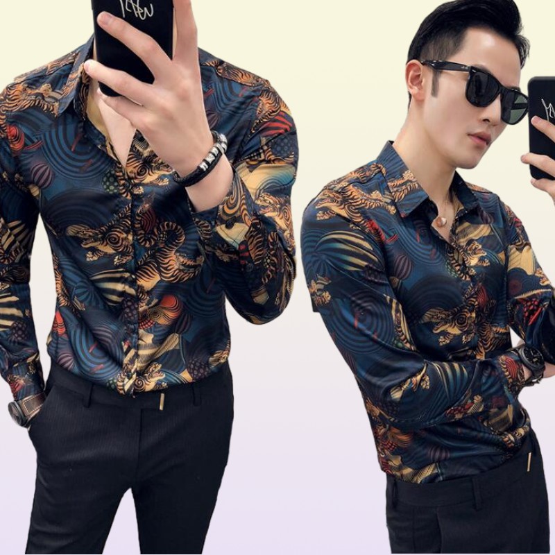 Gauges Animal Printed Dress Shirts Men Slim Fit Camisa Social Masculina Long Sleeve Shirt Fashion Mens Clothes Mauchley