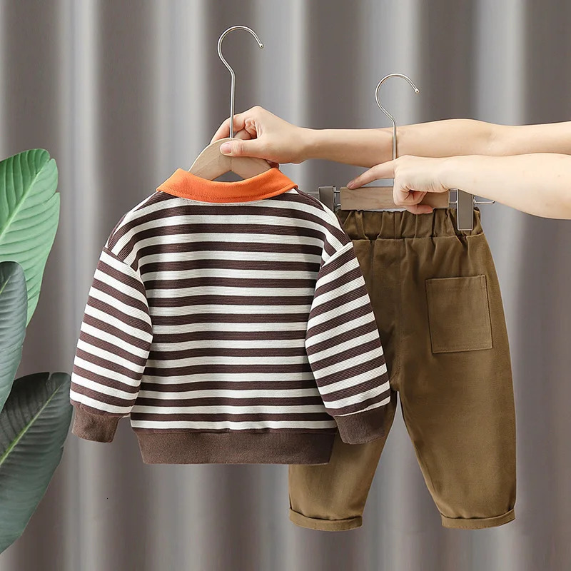 Clothing Sets Autumn Children Boy 2PCS Set Sticker Spliced Striped Polo Shirt Elastic Waist Cargo Pant Baby Outfits Kid Suits 231102