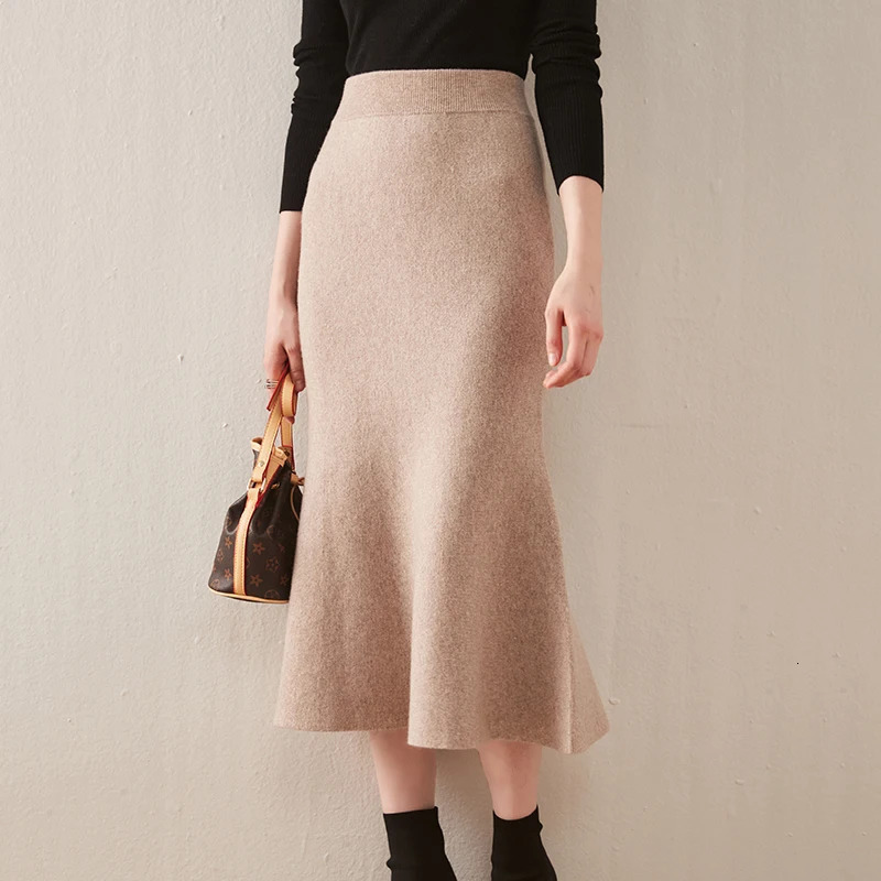 Skirts Cashmere Knee Length Skirt Women AutumnWinter 100% Pure Wool Skirt Casual Fashion Fishtail Skirt Fit Warm High Waist Dress 231101