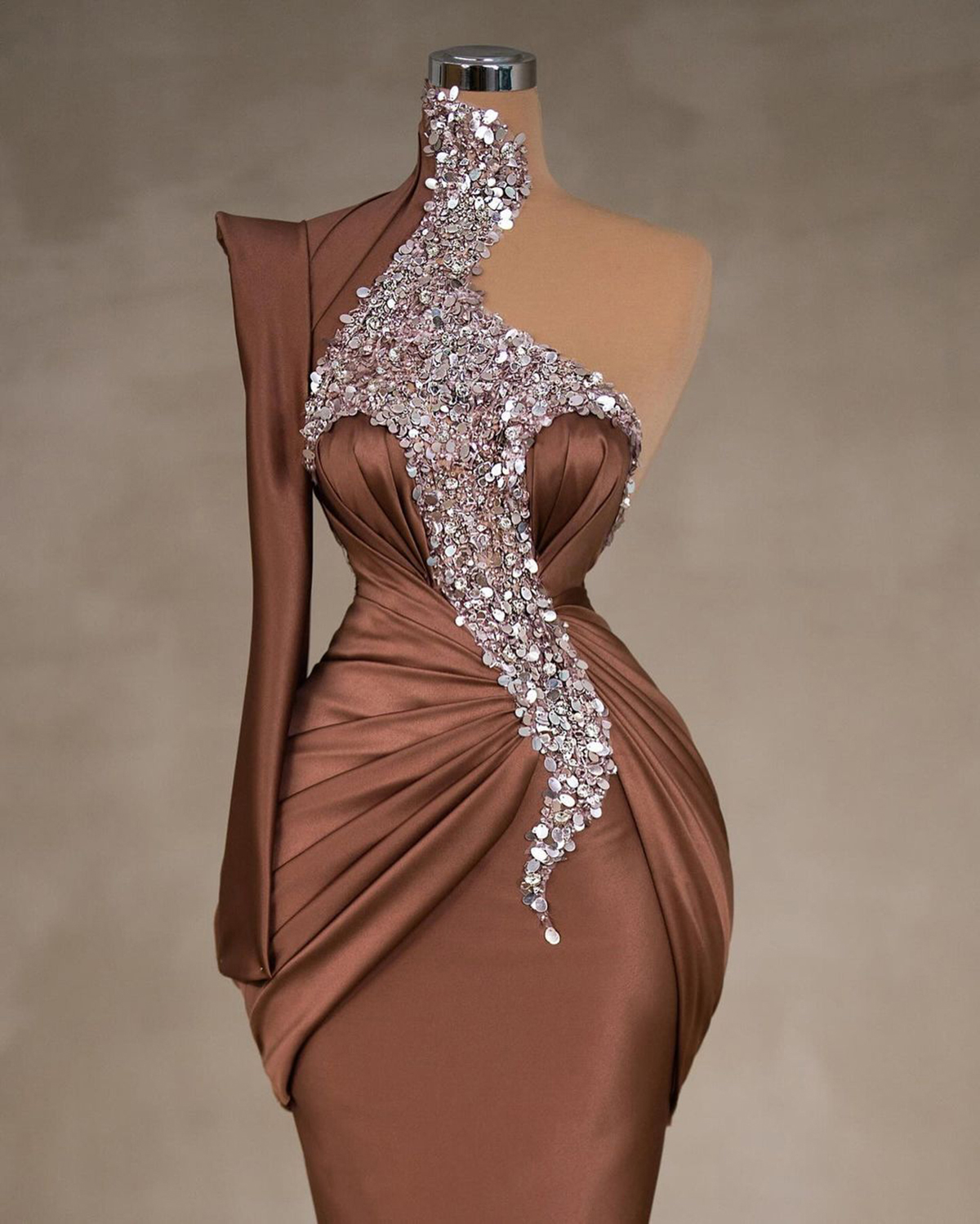 One Shoulder Sequined Mermaid Evening Dresses Simple Glitter Brown Prom Dress Floor Length Formal Party Gowns