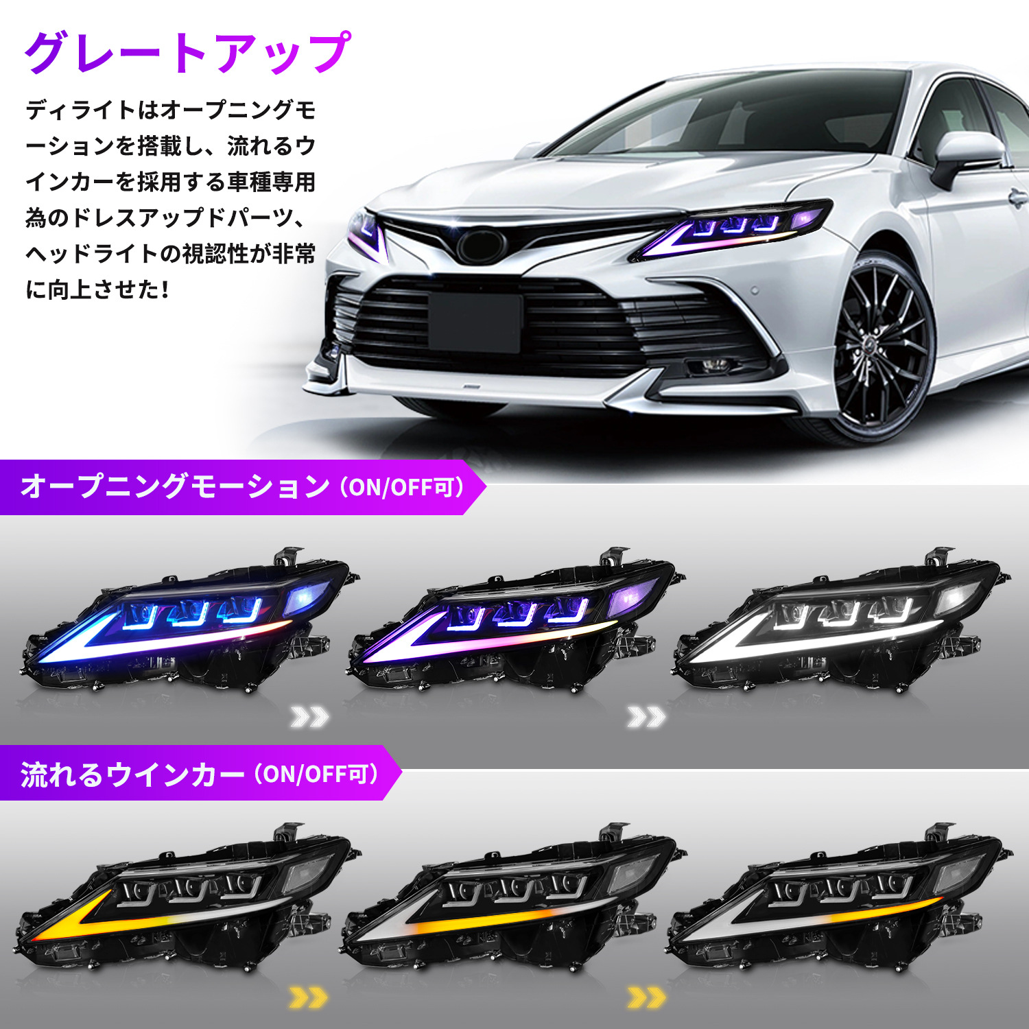 RGB Headlights For Toyota Camry 20 18-2023 With Seven Color Modified Headlight Assembly Streamer Signal Light Accessory