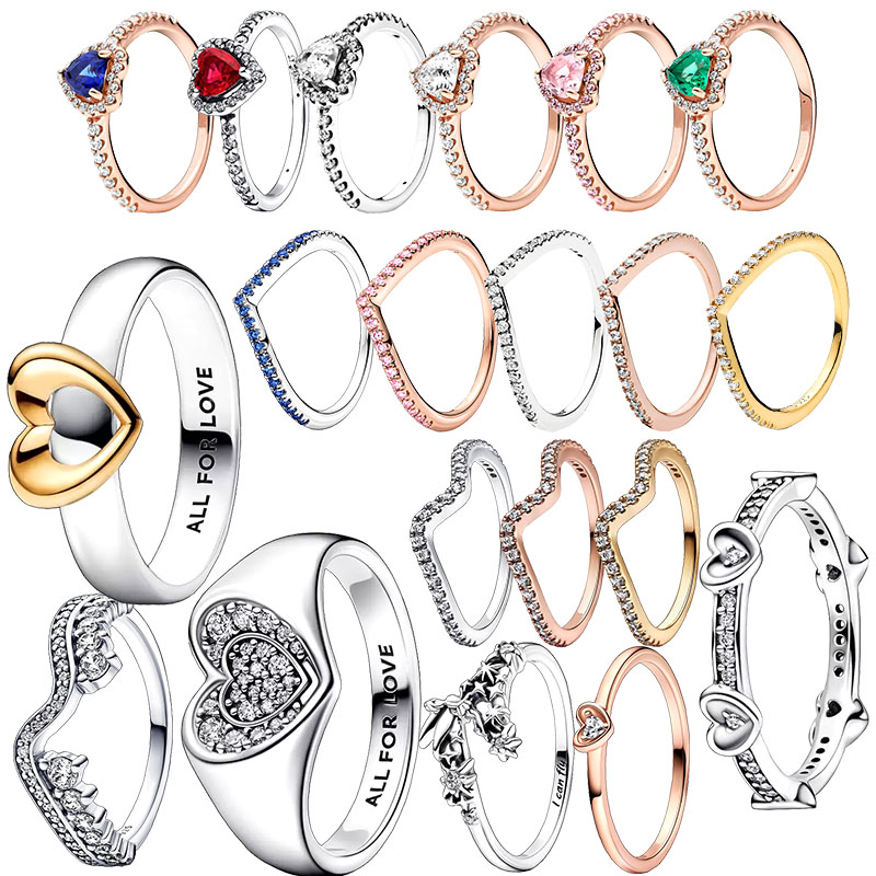 925 Silver Women Fit Pandora Ring Original Heart Crown Fashion Rings Radiant Two Tone Sliding Radiant Red Heart