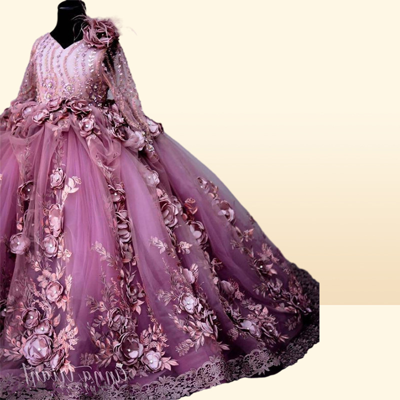 Plum 3D Floral Applique Ball Gown Girl Pageant Dresses Sheer Long Sleeve Appliques Floor Length Kids Toddler Pageant Gowns BC
