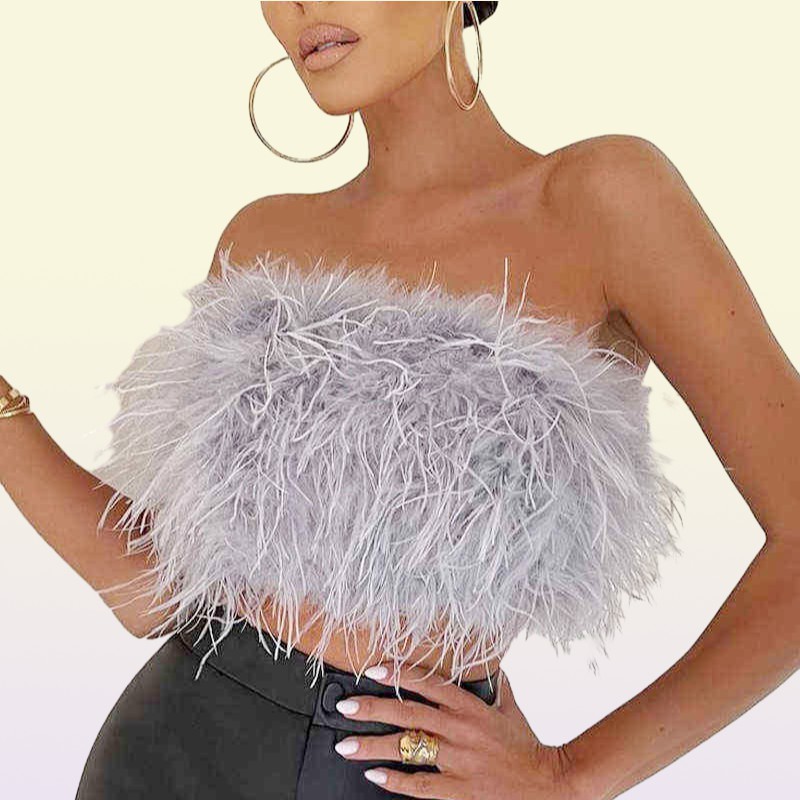 Women Tube Tops Sexy Shoulder y Feather Tank Top Female Summer Green Cropped Tops Lady New Party Club Vest Y2203046662182