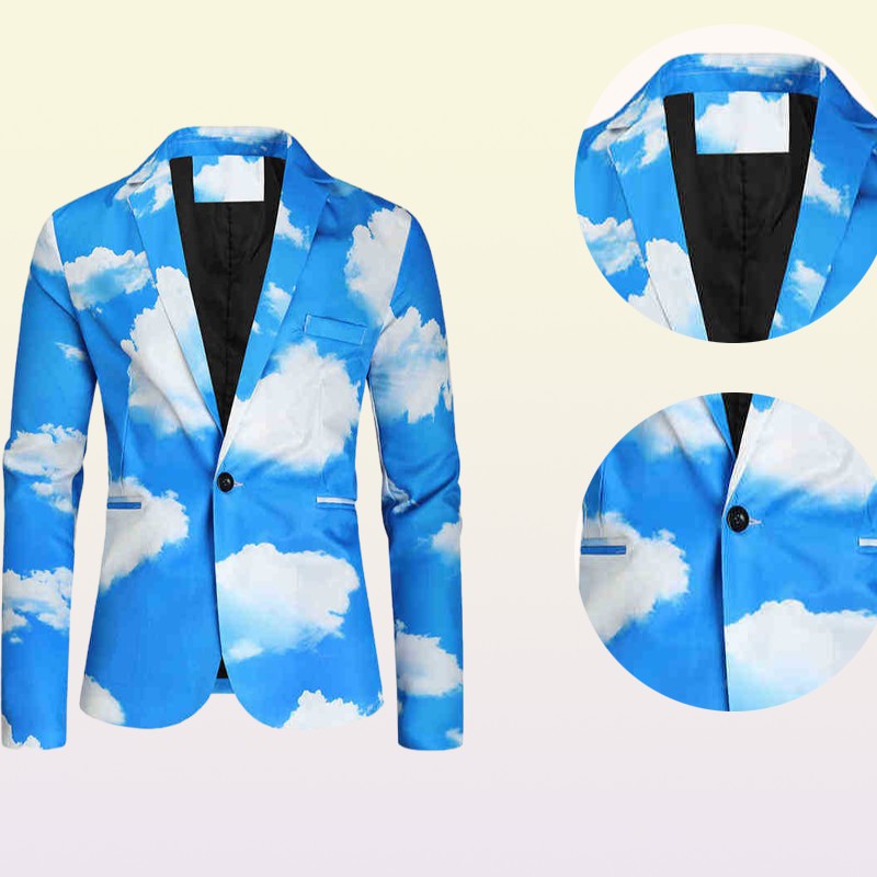 Suits Blazers Men Autumn And Winter New Fashion Blue Sky White Cloud Printed Suit Youth Random Single Button Suit J220906
