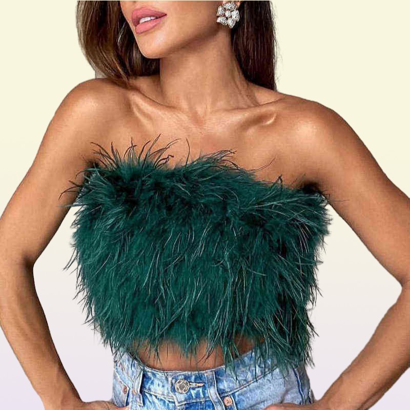 Women Tube Tops Sexy Shoulder y Feather Tank Top Female Summer Green Cropped Tops Lady New Party Club Vest Y2203046662182