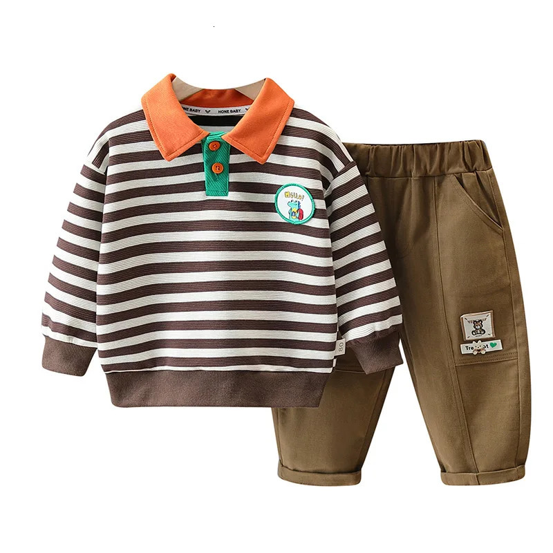 Clothing Sets Autumn Children Boy 2PCS Set Sticker Spliced Striped Polo Shirt Elastic Waist Cargo Pant Baby Outfits Kid Suits 231102