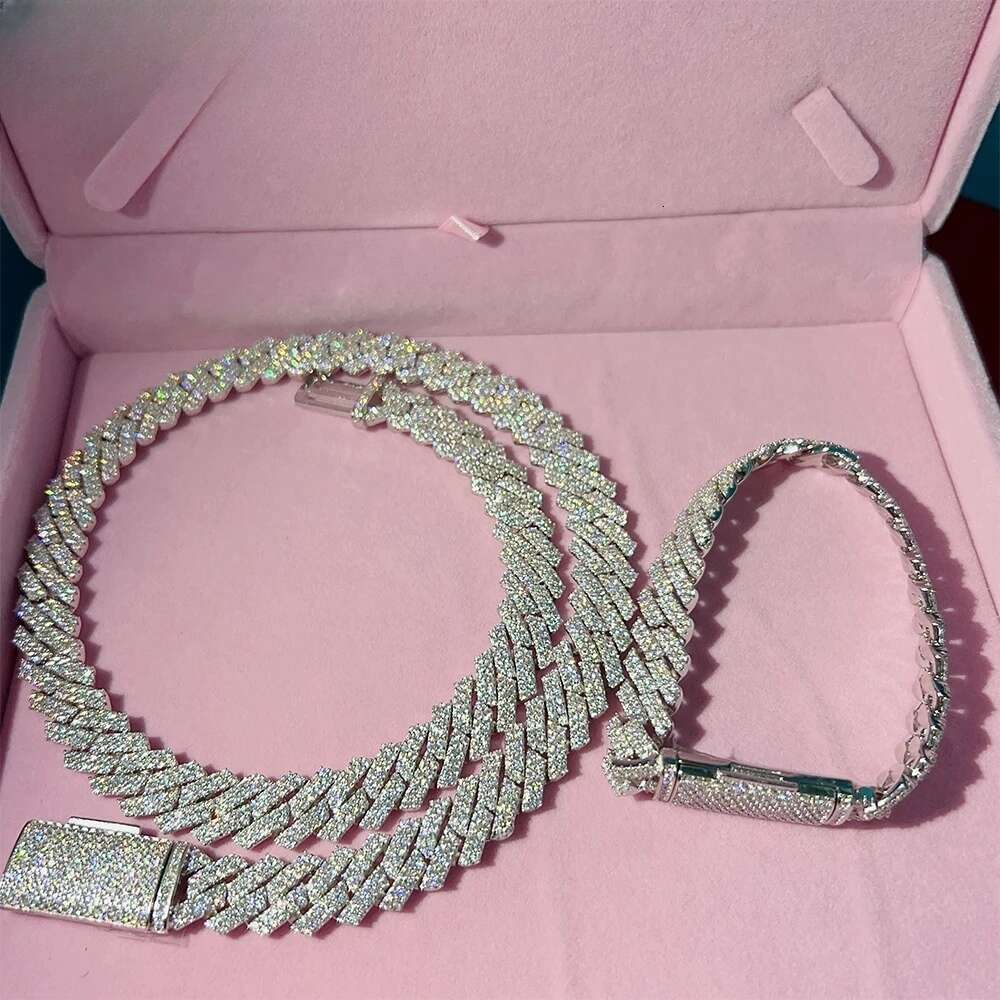 fashion bracelet pass dia hip hop jewelry vvs stone Shiny 2row womens 14mm sterling sier necklace moissanite cuban chain link